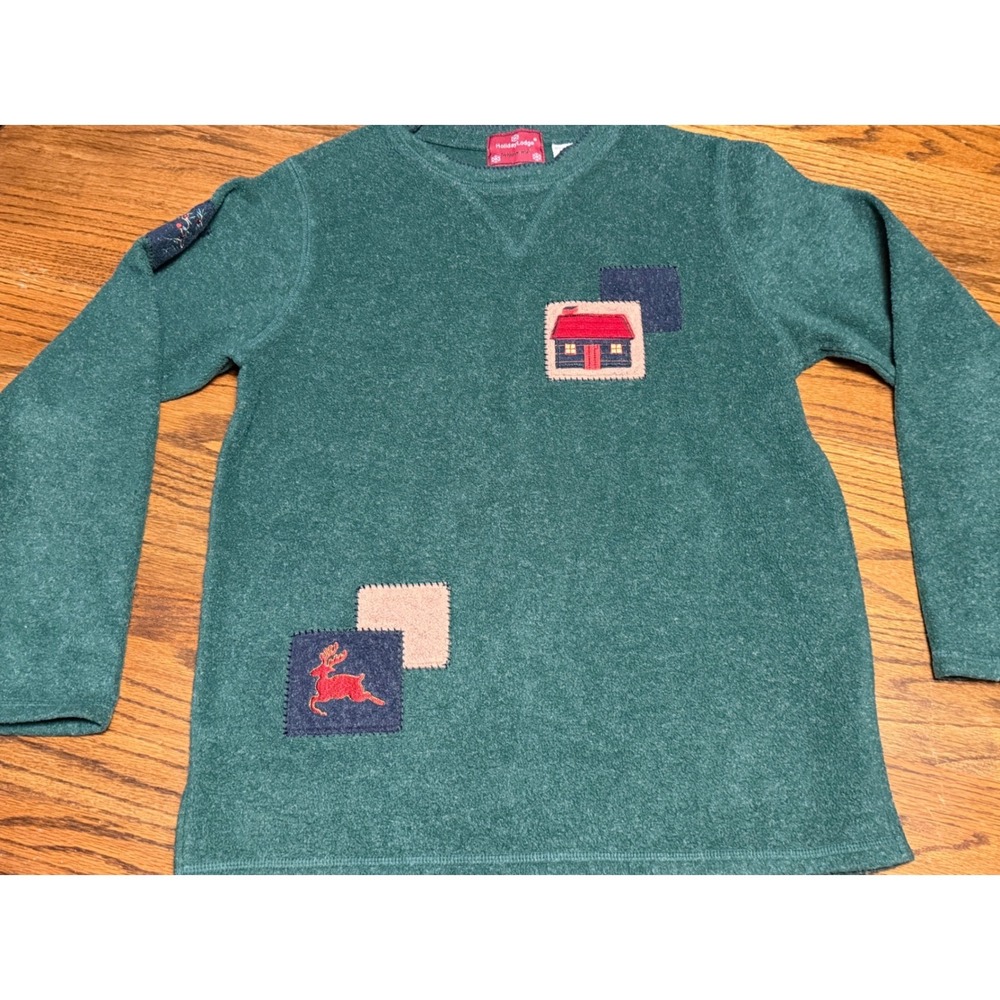 Holiday Lodge Green‎ Fleece Pullover Cabin Reindeer Patch Top Womens Small 6-8